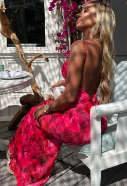Island Sunset Pink Vivid Print Backless Cami Maxi Dress