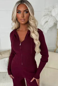 Kassie Burgundy Rib Knit Zip Up Hoodie