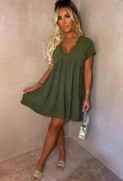 Keep Me Cute Khaki V-Neck Tierred Smock Day Dress
