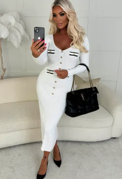Kimmy Cream Rib Knit Button Detail Midi Dress