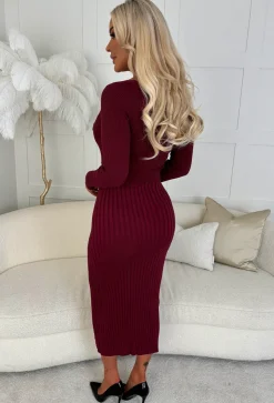 Kimmy Wine Rib Knit Button Detail Midi Dress