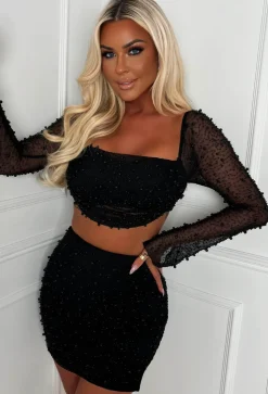 Kira Black Pearl Embellished Crop Top & Skirt Co-Ord