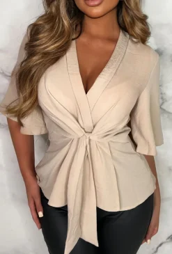Knot Yours Beige Knot Front Short Sleeve Top