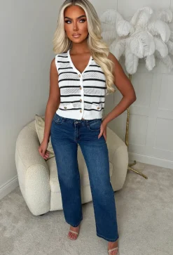 La Dolce Vita Cream Gold Button Knitted Stripe Waistcoat