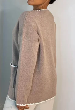 Lavish Bliss Taupe Ultra Soft Contrast Trim Cardigan