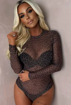 Leona Brown Leopard Print Mesh Bodysuit