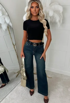 Lia Dark Blue Stretch Wide Leg Jeans