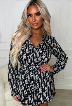 Linking Up Black Long Sleeve Belted Chain Print Shirt Dress