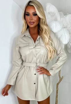 Lisa Marie Nude Belted Stretch Faux Leather Shirt Dress