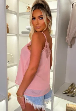 Looking My Way Baby Pink Lace Trim Cami Top