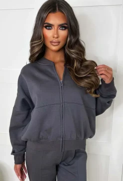 Love On Replay Charcoal Bomber Jacket And Straight Leg Jogger Loungewear Set