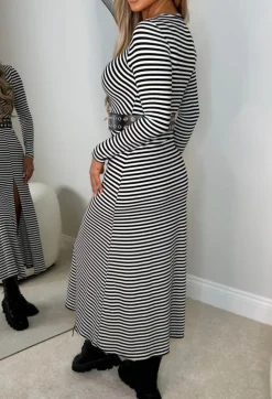 Love On The Line Monochrome Striped Long Sleeve Stretch Midi Dress