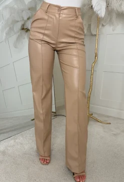 Luxe Destiny Beige Faux Leather Straight Leg Trouser