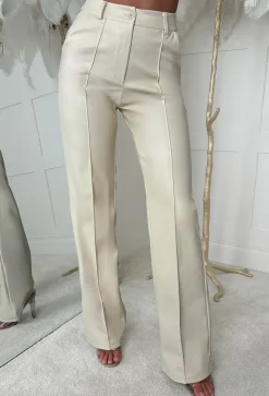 Luxe Destiny Cream Faux Leather Straight Leg Trousers