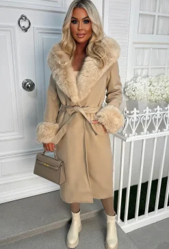 Luxe Illusion Taupe Faux Fur Trim Belted Coat