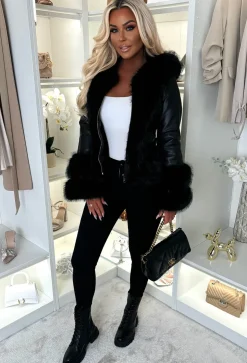 Luxury Escape Black Faux Leather Hooded Skater Belted Coat