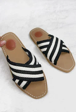 Luxury Vacay Black Stripe Cross Over Woven Strap Sandals
