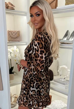 Make Me Leopard Long Sleeve Draw Waist Frill Hem Dress