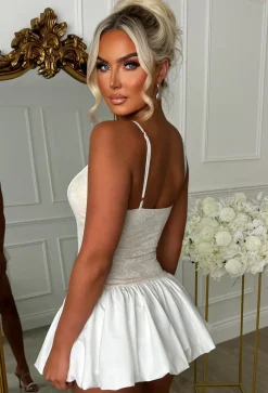 Malibu Muse Stone Lace Bodice Puffball Mini Dress
