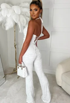 Mystic White Lace Halterneck Flared Tie Up Stretch Jumpsuit Limited Edition