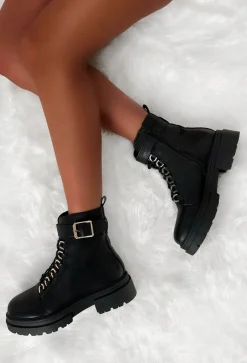 Never Settle Black Gold Buckle Biker Boots
