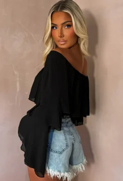Oh My Love Black Bardot Ruffle Crop Top