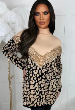 One Last Dance Beige Animal Print Sequin Jumper
