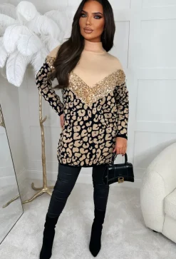 One Last Dance Beige Animal Print Sequin Jumper