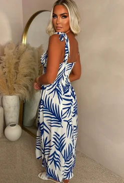 Palm Leaf Allure Blue Palm Print Sun Dress