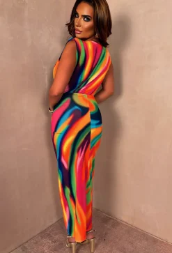 Rainbow Chic Multi Printed Stretch Sleeveless Plunge Ruched Midi Dress