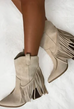 Ride Em Cowboy Beige Faux Suede Tassel Boots
