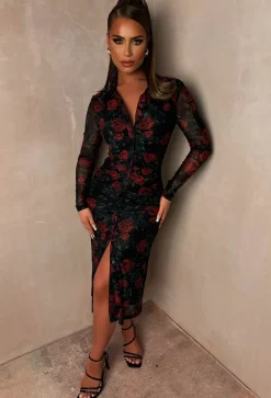 Rose Rebel Black Ruched Front Button Rose Print Shirt Dress