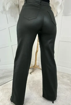 Roxie Khaki Faux Leather Stretch Wide Leg Jeans