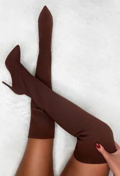 Roxxie Chocolate Brown Stretch Knit Over The Knee Boots