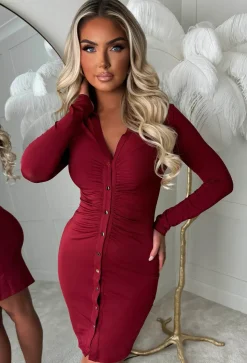 Ruched Forever Burgundy Ruched Front Shirt Dress