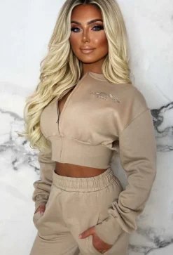San Fran Dreaming Beige Embroided Cropped Baseball Collar Two Piece Loungewear Set