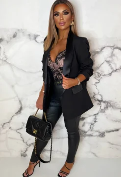 Satin Chic Black Satin Trim Shawl Neck Ruched Sleeve Blazer