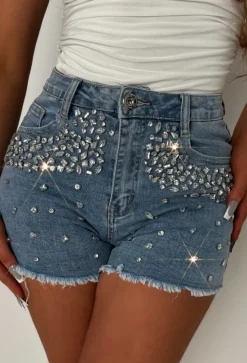 Seductive Denim Light Wash Denim Diamante Shorts