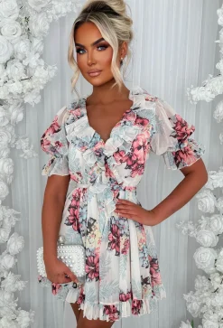 Sheer Delight Multi Frill Front Floral Print Dress
