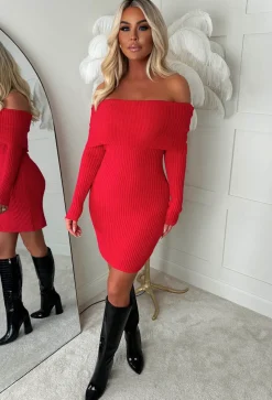 So Cosy Red Bardot Ultra Soft Knitted Dress
