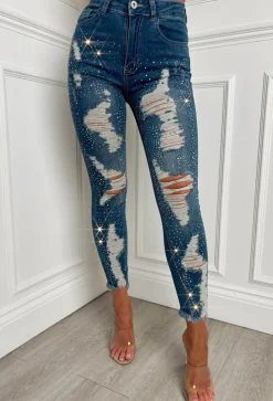 Sparkle Days Dark Blue Sparkle Ripped Stretch Jeans
