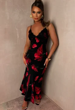 Sultry Siren Black Floral Print Lace Trim Cami Dress