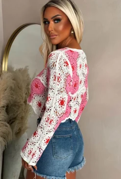 Sunkissed Style Pink Flower Crochet Jumper