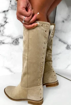 Sweet Glamour Cream Gold Stud Faux Suede Knee High Boots