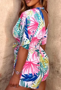 Sweet Nights Multi Tropical Print Belted Wrap Playsuit