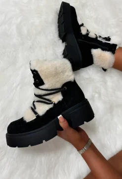 Take Your Chance Black Faux Fur Lace Up Boots