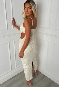 Turning Heads Cream Beaded Cut Out Dress