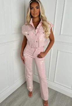 Ultimate Shine Pink Sparkle Cut Off Denim Jacket