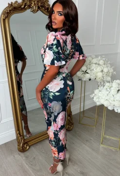 Venus Vibes Multi Floral Animal Print Ruched Midi Dress