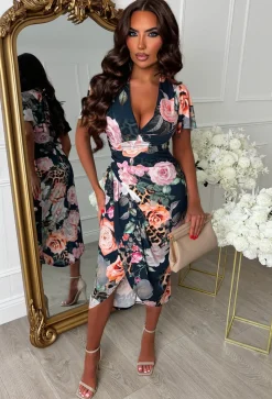 Venus Vibes Multi Floral Animal Print Ruched Midi Dress